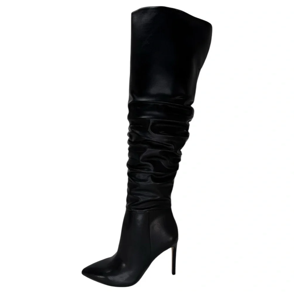 INC Iyonna Black Faux Leather Ruched Shaft OTK Heeled Womens Boots Size 8M
